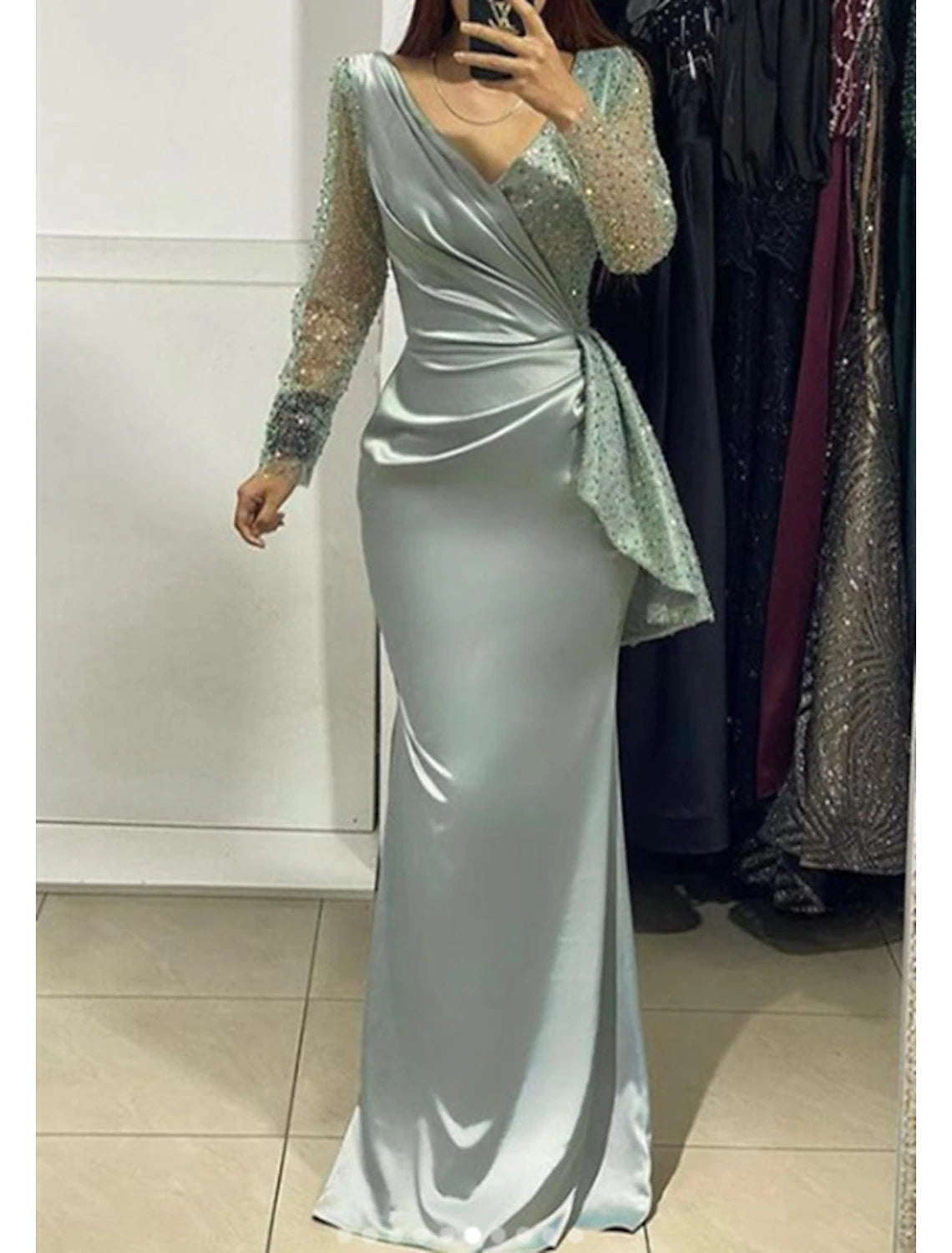 Vestido de noche sirena/trompeta con brillo, vestido formal para invitadas a la boda, largo hasta el suelo, manga larga, cuello en V, charmeuse para invitadas a la boda de otoño